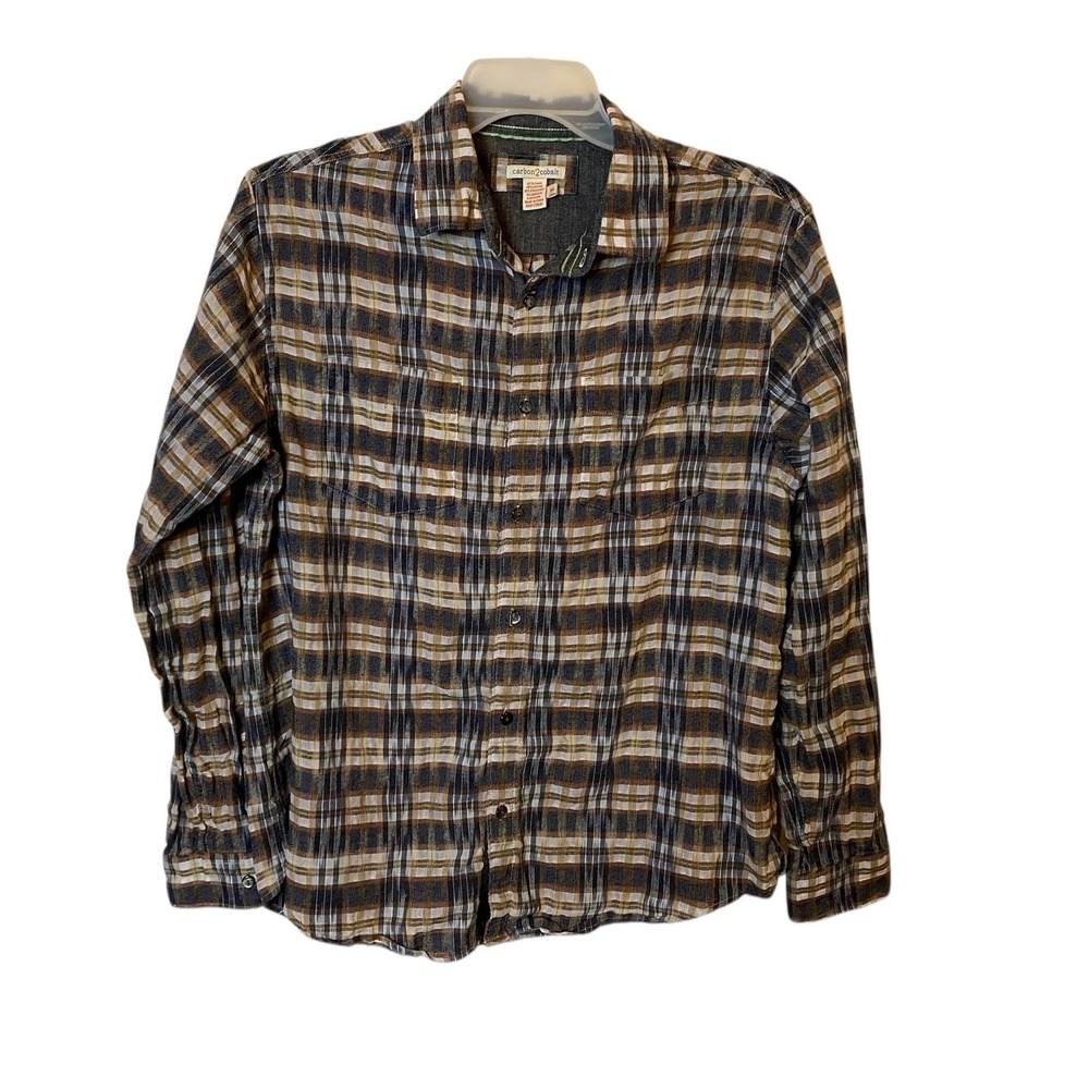 Carbon 2 Cobalt Shirt Mens Medium Gray Plaid Long Sleeve Button Down Linen Blend
